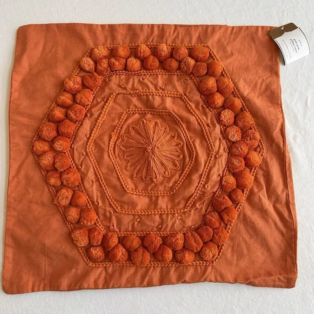 2 Pottery Barn Pom Pom Pillow Cover Orange Clementine Square Embroidered 20x20
